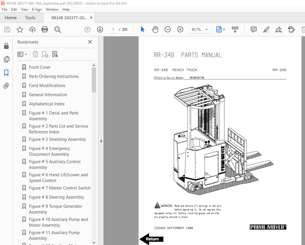 BT Prime Mover RR-34B Reach Truck Parts Manual SN RR34B181728 - PDF DOWNLOAD