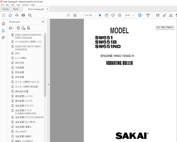 Sakai Vibrating Roller SW651 SW651B SW651ND ENGINE HINO W04D-H OPERATING &amp; MAINTENANCE MANUAL