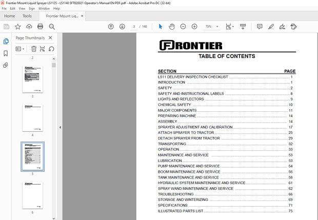 Frontier Mount Liquid Sprayer S1125 LS1130 LS1130BL LS1140 LS1145 Operator’s Manual(5FT820021) – PDF