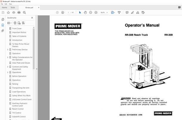BT Forklift RR-30B Reach Truck Operator’s Manual – PDF DOWNLOAD