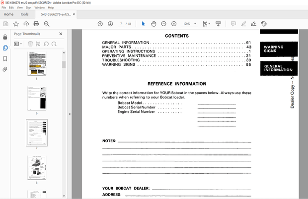 Bobcat 543 Loader Operation &amp; Maintenance Manual SN 502412001 &amp; Above - PDF DOWNLOAD