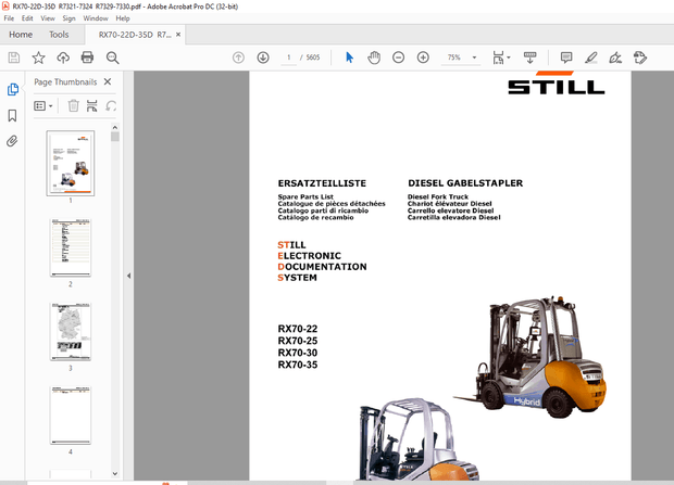 STILL STED Forklift RX70-22 RX70-25 RX70-30 RX70-35 Diesel Fork Truck Spare Parts List Manual -PDF 