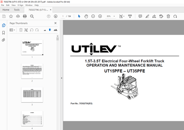 UTILEV UT15PFE UT35PFE 1.5T-3.5T Electrical 4-Wheel Forklift Truck Operation Manual PDF
