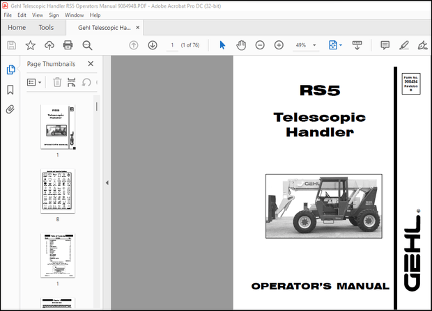Gehl Telescopic Handler RS5 Operators Manual 908494B – PDF DOWNLOAD