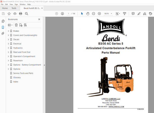 Bendi Landoll B3/30 AC Series 5 Articulated Counterbalance Forklift Parts Manual –  PDF DOWNLOAD