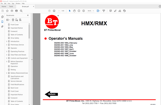 BT Prime-Mover HMXRMX Electric Low Lift Pallet Truck OPERATOR&#x27;S MANUAL