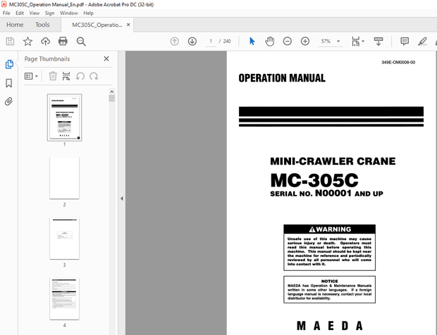 Maeda MC-305C MINI-CRAWLER CRANE OPERATION MANUAL  – PDF DOWNLOAD
