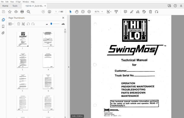 Drexel SL33 ESS HP SwingMast Service &amp; Parts Manual 15018-11 – PDF DOWNLOAD