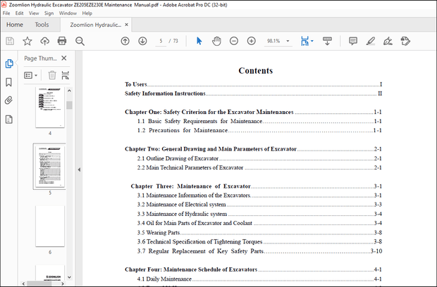 Zoomlion ZE205E ZE230E Hydraulic Excavator Maintenance Manual – PDF DOWNLOAD