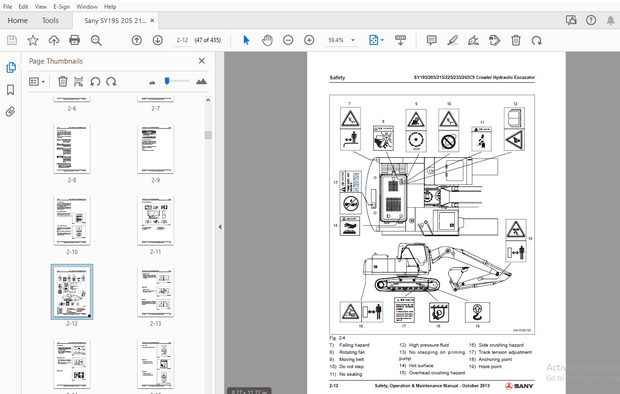 Sany SY195C-9 SY205C-9 SY215C-9 SY225C-9 SY235C-9 SY265C-9 CrawlerOperation and Maintenance Manual
