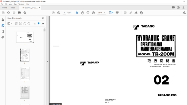 Tadano TR-200M Hydraulic Crane Operation &amp; Maintenance Manual – PDF DOWNLOAD