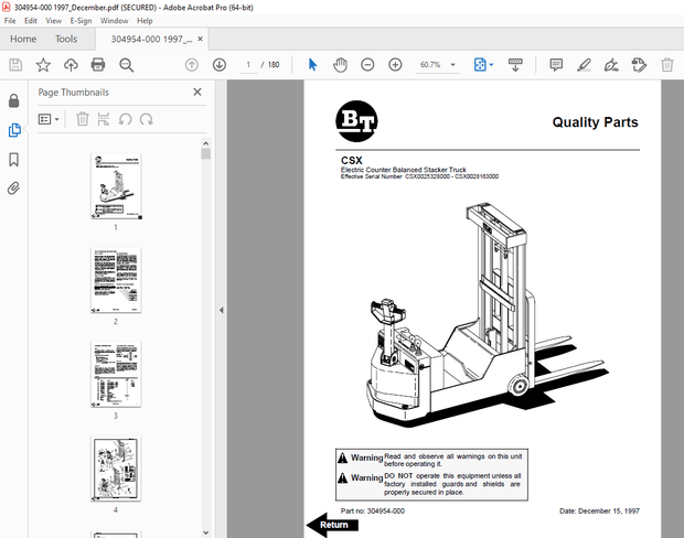 BT Prime-Mover CSX Electric Counter Balanced Stacker Truck Parts Manual - PDF DOWNLOAD