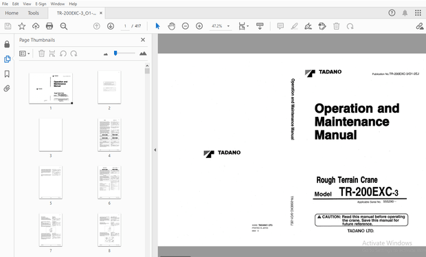 Tadano TR-200EXC-3 Rough Terrain Crane Operation &amp; Maintenance Manual – PDF
