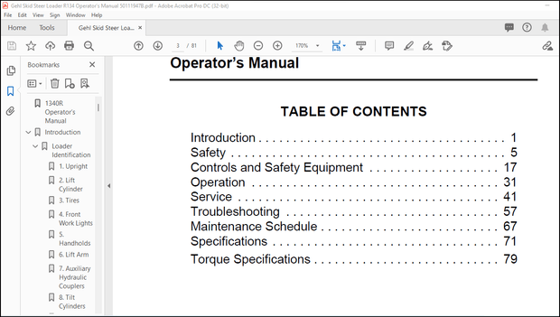 Gehl R134 Skid-Steer Loader Operator’s Manual 50111947 – PDF DOWNLOAD