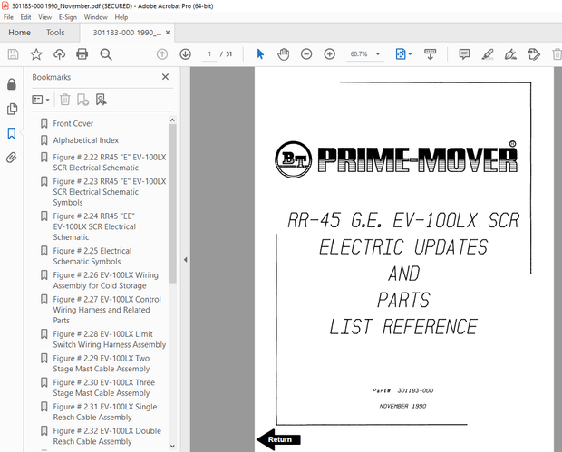 BT Prime-Mover RR-45 EV-100LX SCR Electric &amp; Parts Manual 301183-000 - PDF DOWNLOAD