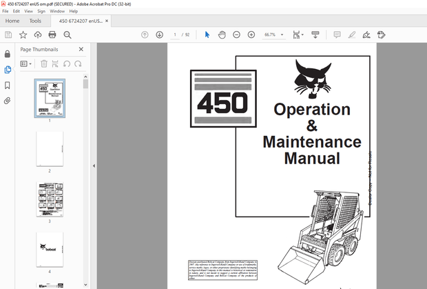 Bobcat 450 Loader Operation &amp; Maintenance Manual 6724207 – PDF DOWNLOAD