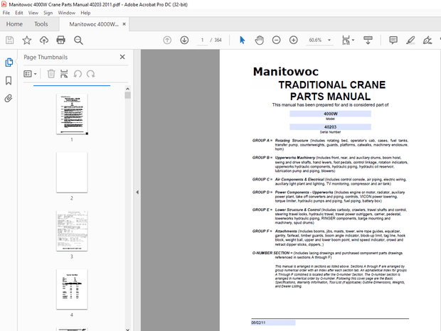 Manitowoc Crane 4000W Parts Manual SN 40203 – PDF DOWNLOAD