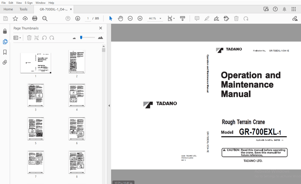 Tadano GR-700EXL-1 Rough Terrain Crane Operation &amp; Maintenance Manual – PDF