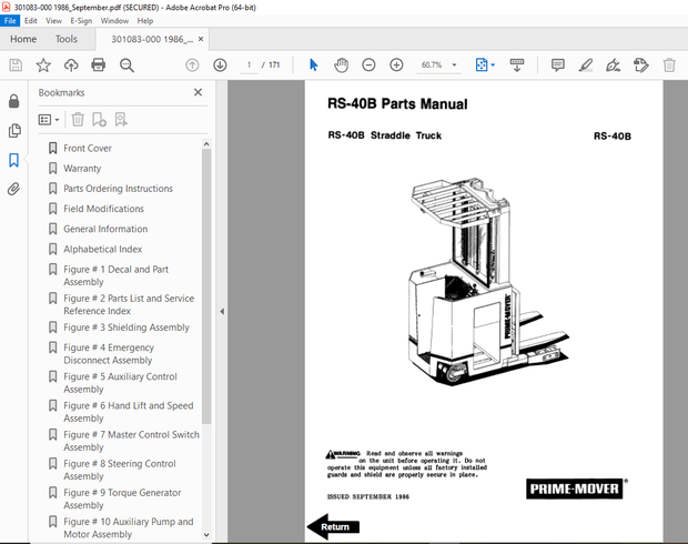BT Prime-Mover RS-40B Straddle Truck Parts Manual 301083-000 - PDF DOWNLOAD