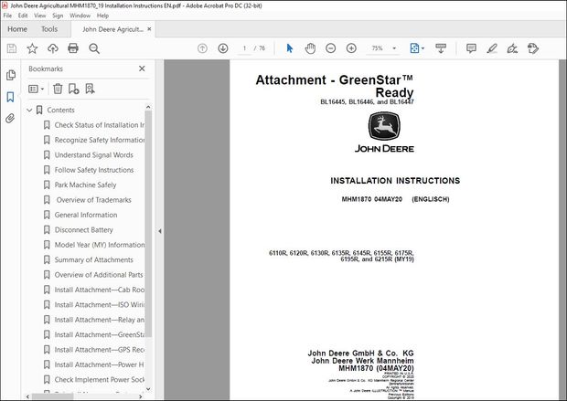 John Deere 6110R, 6120R, 6130R, 6135R, 6145R, 6155R, Installation Instructions Manual MHM1870