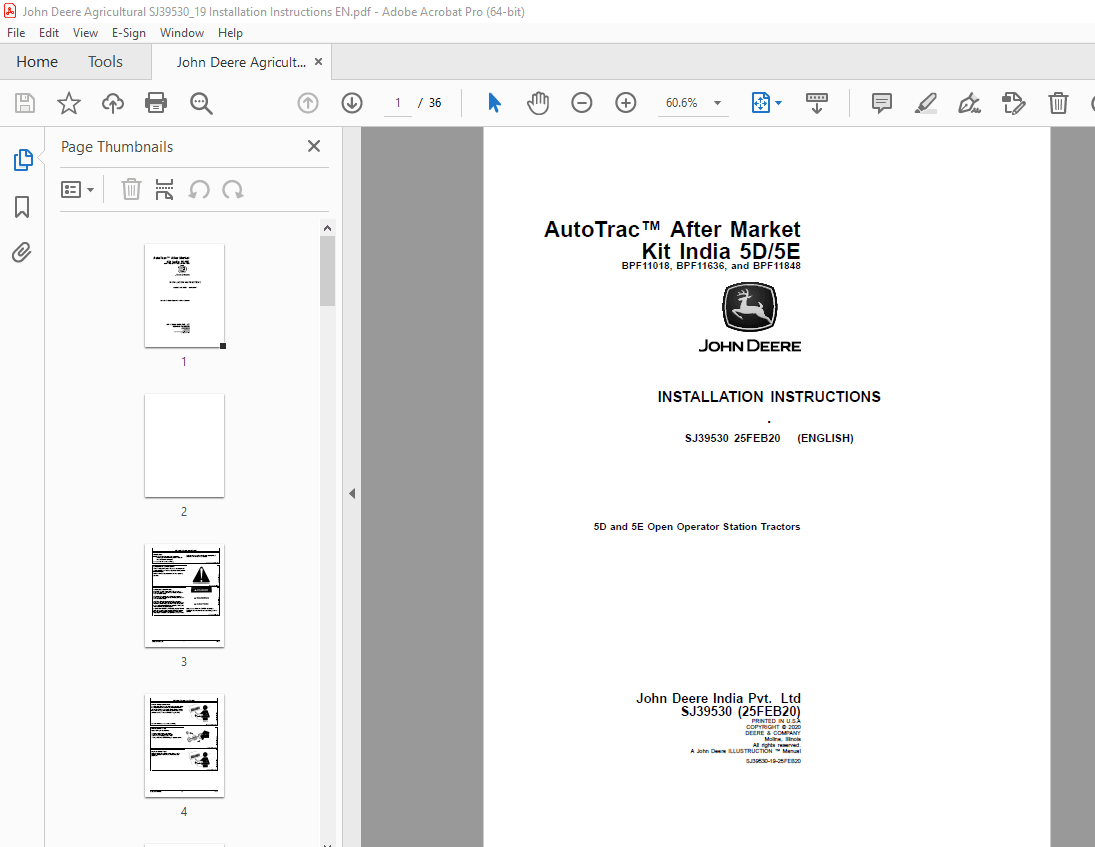 John Deere 5D & 5E Open Operator Station Tractors Instruction Manual ...
