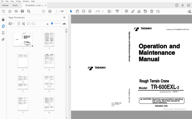 Tadano TR-600EXL-3 Rough Terrain Crane Operation &amp; Maintenance Manual – PDF