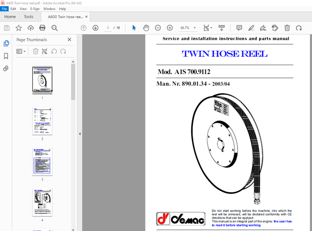 Demac A600 Twin Hose Reel Service &amp; Parts Manual – PDF DOWNLOAD