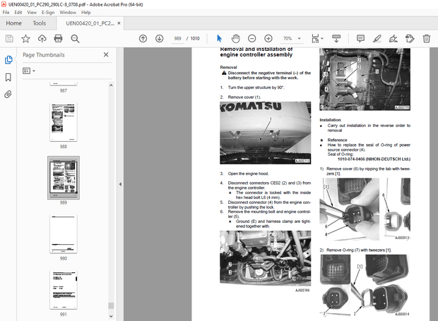 Komatsu PC290LC-8,PC290NLC-8 Hydraulic Excavator Repair Service Manual UEN00420-01 - PDF DOWNLOAD