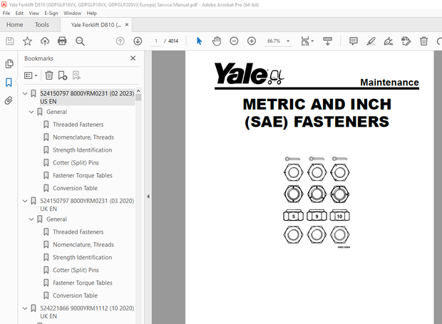 Yale Forklift D810 (GDPGLP16VX, GDPGLP18VX, GDPGLP20SVX Europe) Service Manual PDF