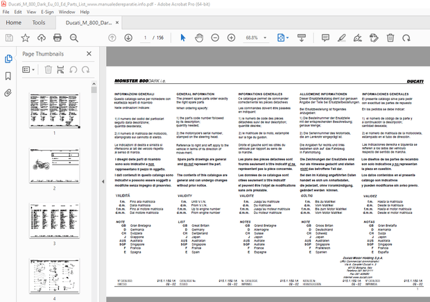 Ducati MONSTER 800DARK 2003 Parts Manual PN 91511691A- PDF DOWNLOAD 