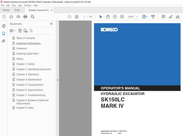 Kobelco SK150LC Mark IV Hydraulic Excavator Operator’s Manual – PDF DOWNLOAD