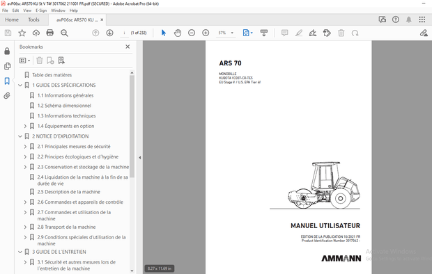 AMMANN ARS 70 MONOBILLE MANUEL UTILISATEUR 3017062 - PDF
