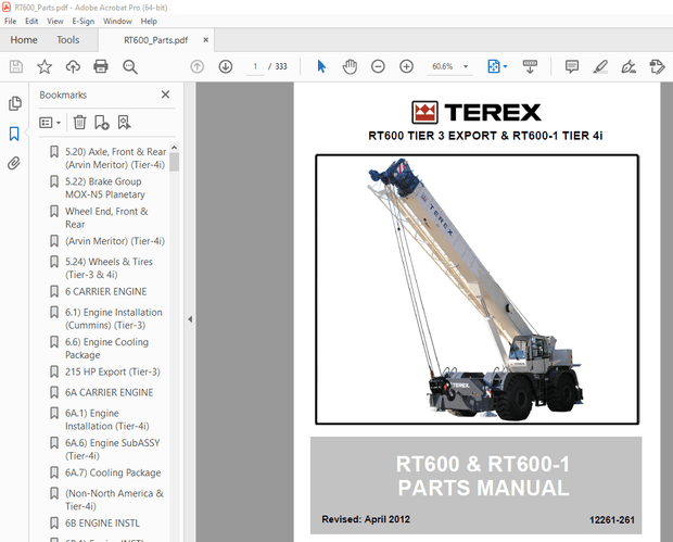 Terex Crane RT600 &amp; RT600-1 Parts Manual 12261-261 – PDF DOWNLOAD
