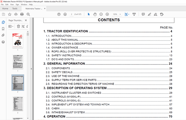Mahindra Tractor m105 XL-P m105 XL-S Operator’s Manual – PDF DOWNLOAD