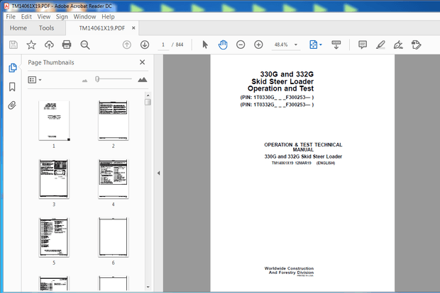 John Deere 330G &amp; 332G Skid Steer Loader Operation &amp; Test Technical Manual (TM14061X19) - PDF