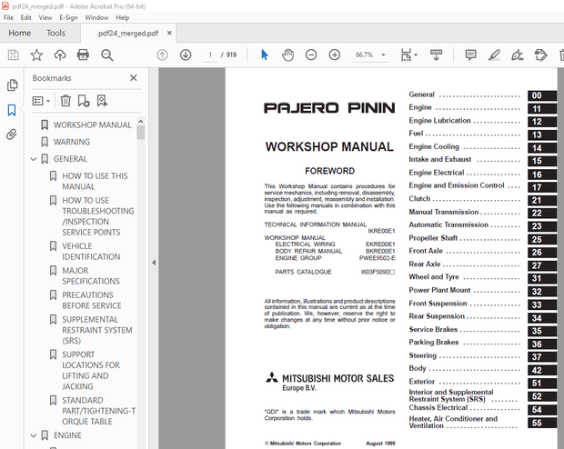 Mitsubishi Pajero Pinin 1999 Workshop Manual – PDF DOWNLOAD
