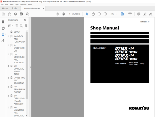 Komatsu D71EX -24 D71EX -24E0 D71PX-24 D71PX-24E0 Bulldozer Shop Manual SEN06841-06 – PDF DOWNLOAD