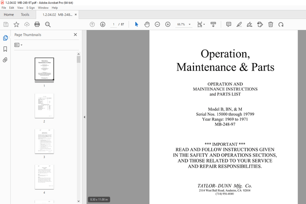 Taylor-Dunn B,BN,M Operation &amp; Maintenance Instructions With Parts Manual S.NO 15000 through 19799 -