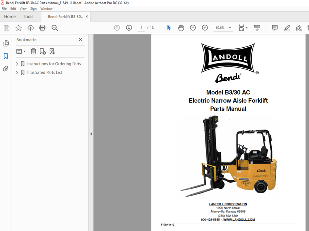 Landoll Bendi Forklift B3/30 AC Electric Narrow Aisle Forklift Parts Manual F-549-1110 – PDF DOWNLOA