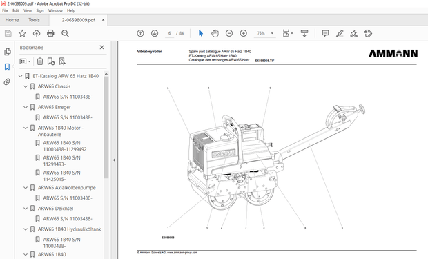 Ammann ARW 65 Hatz 1B40 Walk Behind Roller Parts Manual 11003438 PDF