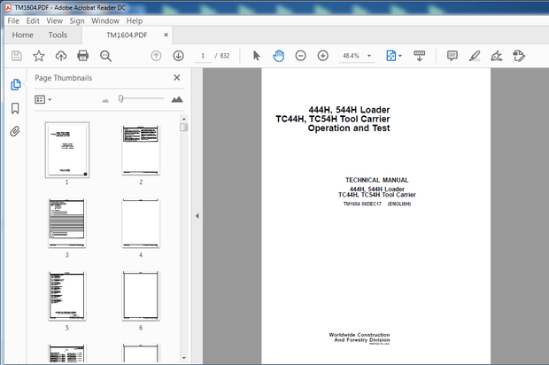 John Deere 444H, 544H Loader TC44H, TC54H Tool Carrier Operation and Test Technical Manual - PDF