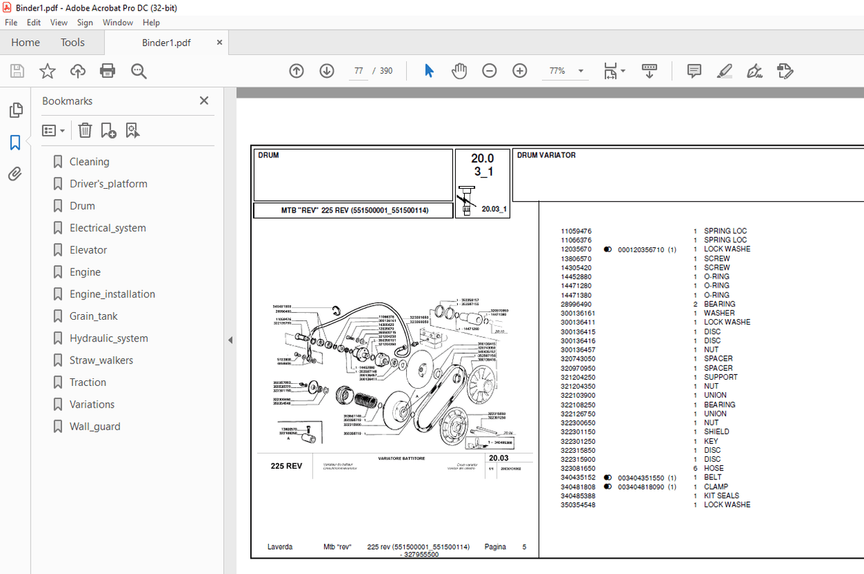 Laverda 225 REV Agricultural Tractor Parts Manual 551500001-551500114 ...