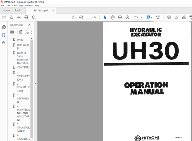Hitachi Hydraulic Excavator UH030 Operation Manual(EM780-2) – PDDF DOWNLOAD