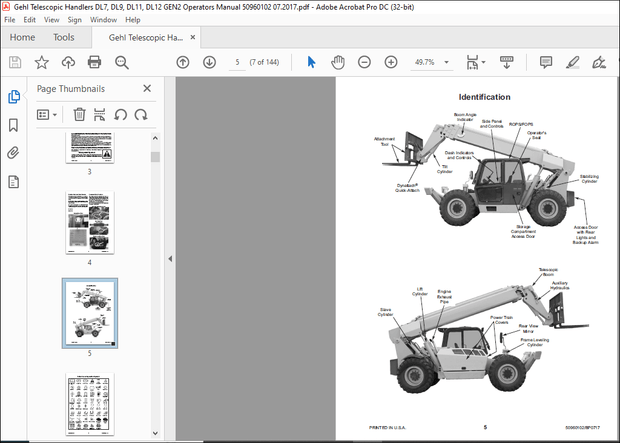 Gehl DL SERIES GEN2 Dynalift DL7 DL9 DL11 DL12 Telescopic Handler Operator’s Manual 50960102 – PDF 