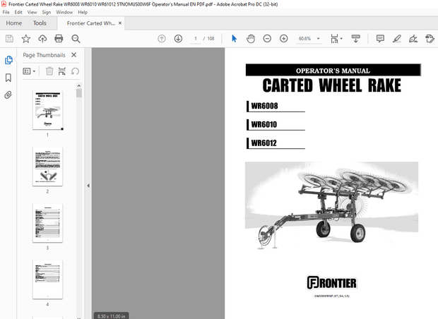 Frontier Carted Wheel Rake WR6008 WR6010 WR61012 Operator’s Manual(5TNOMUS00W6F) – PDF DOWNLOAD