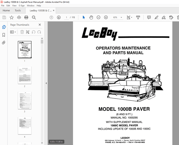LEEBOY 1000B PAVER Operation, Maintenance &amp; Parts Manual 1000295 PDF DOWNLOAD