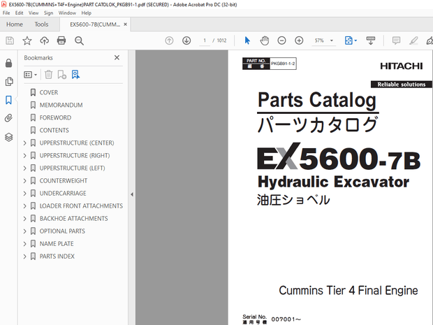 Hitachi EX5600-7B Hydraulic Excavator Cummins Tier 4 Final engine Parts Manual PN:PKGB91-1-2  - PDF 