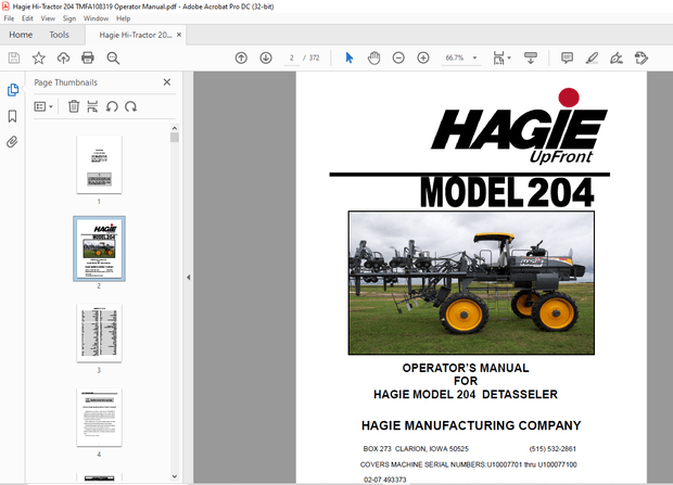 Hagie Hi-Tractor 204 Detasseler Operator’s Manual 493373 – PDF DOWNLOAD
