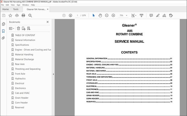 Gleaner NA Harvesting A85 Rotary Combine Service Manual – PDF DOWNLOAD