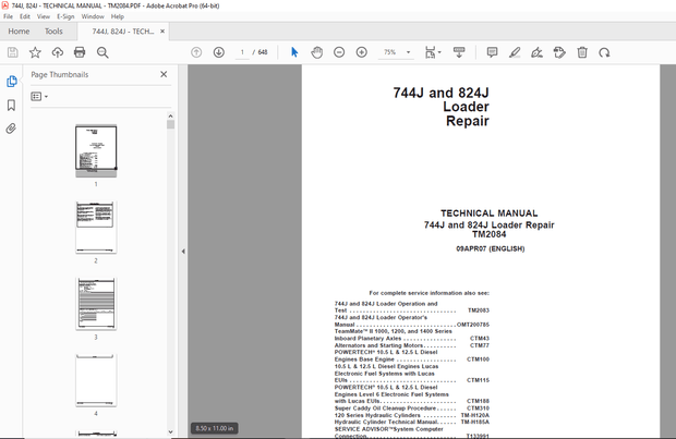 John Deere 744J and 824J Loader Repair Technical Manual TM2084 -  PDF DOWNLOAD